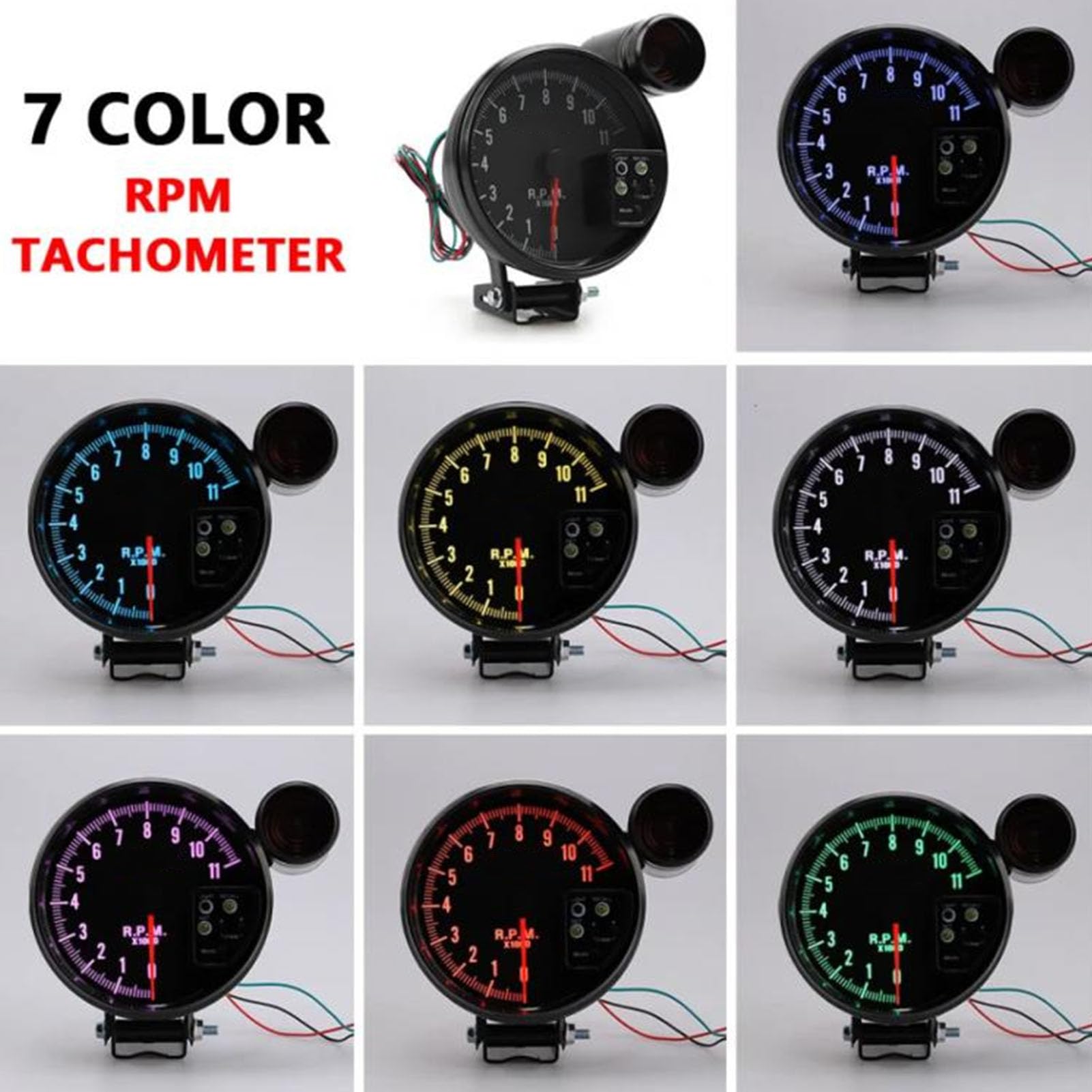 Tachymètre Voiture 12V 5 Pouces - Affichage 7 Couleurs LED, 0-11000 Tr/min, Compatible 4/6/8 Cylindres