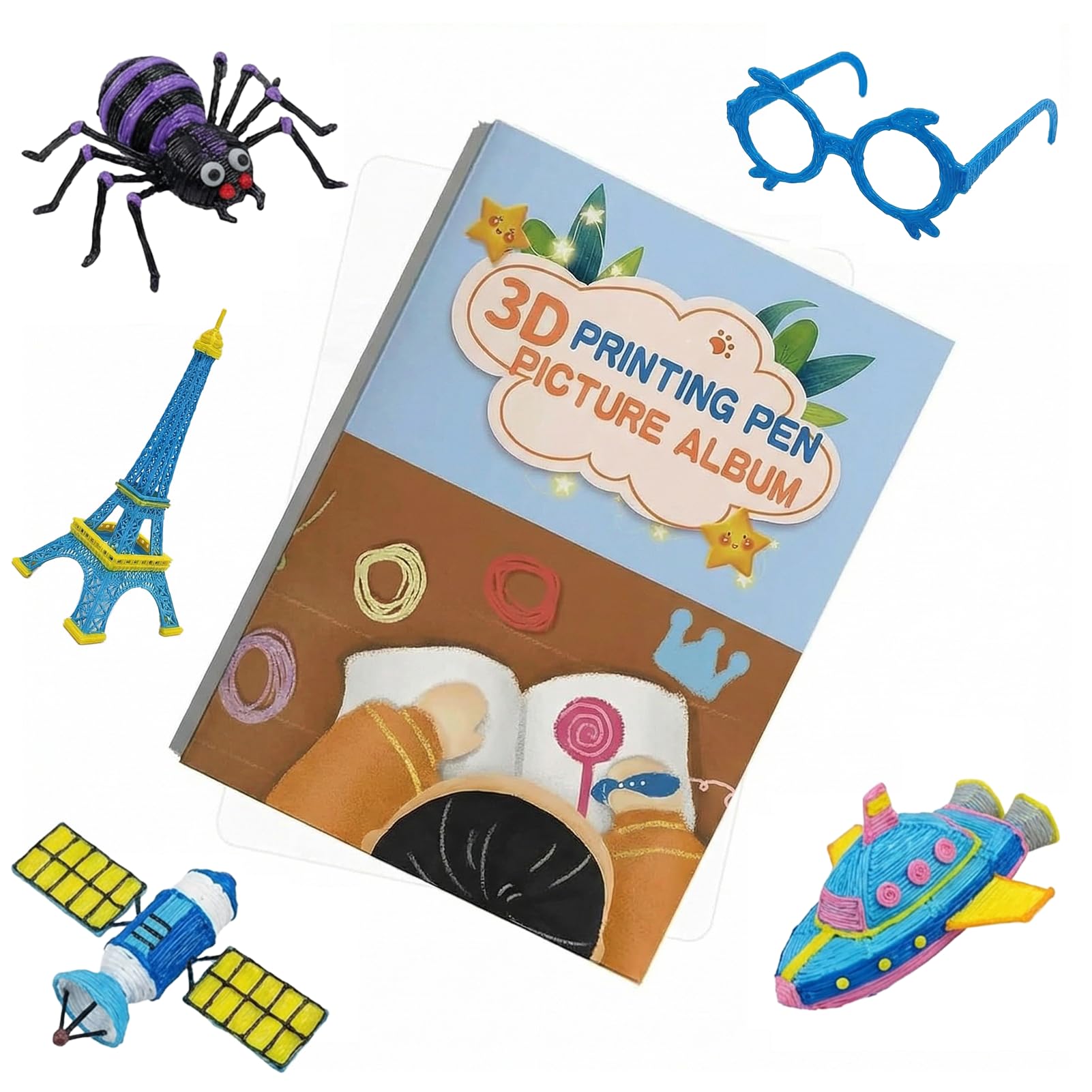 Drawing Book with 3D Pen Printing, Reusable Colorful Stencil with 40 Patterns Thick Paper with Clear Plate, 3D Painting Graffiti Stencils, Great for Drawing