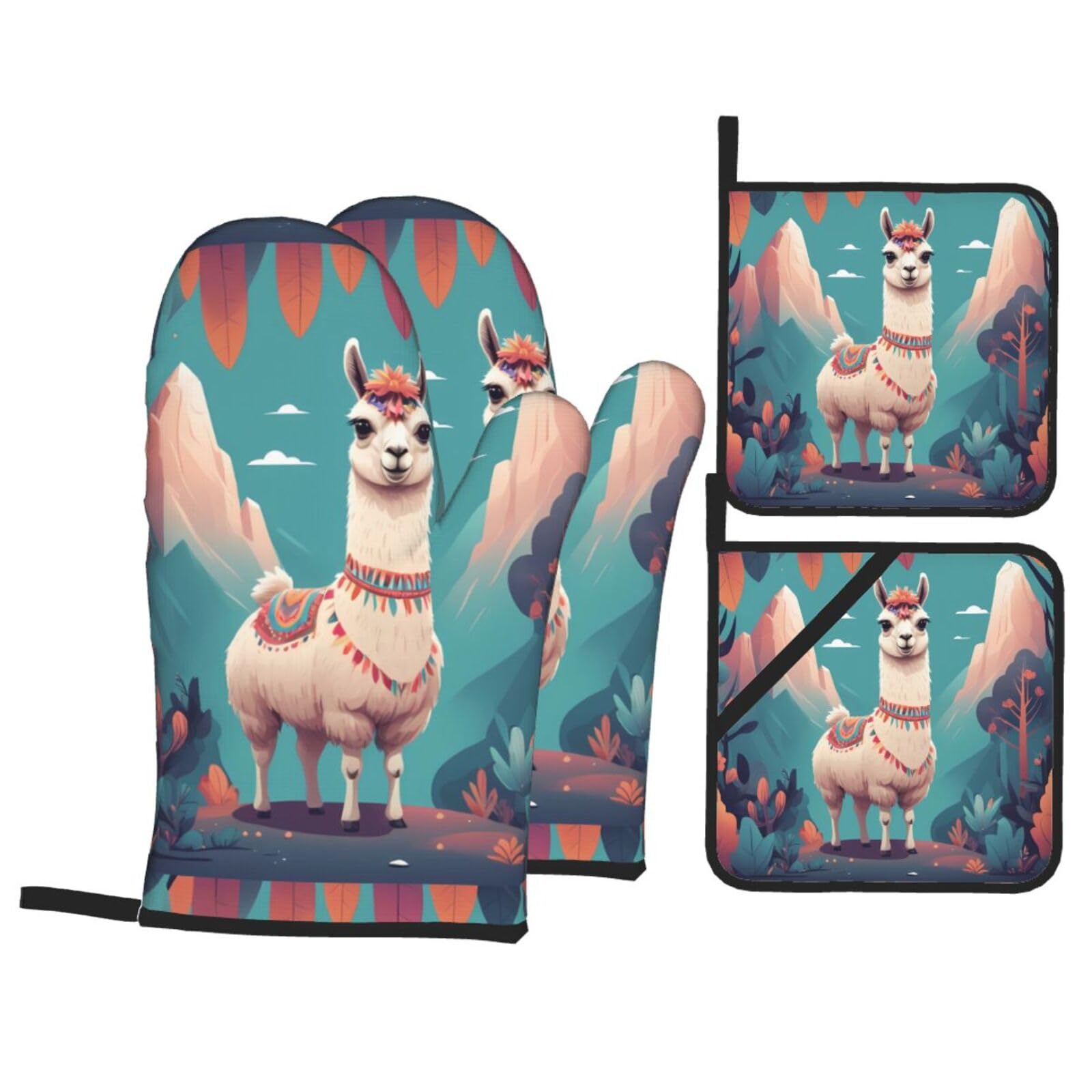 HJFCZH Elegant Alpaca Picture Kitchen Baking Set of 4 Thick Insulated Oven Mitt & Pot Holders, Anti-Scalding for Microwave, Oven, Outdoor BBQ