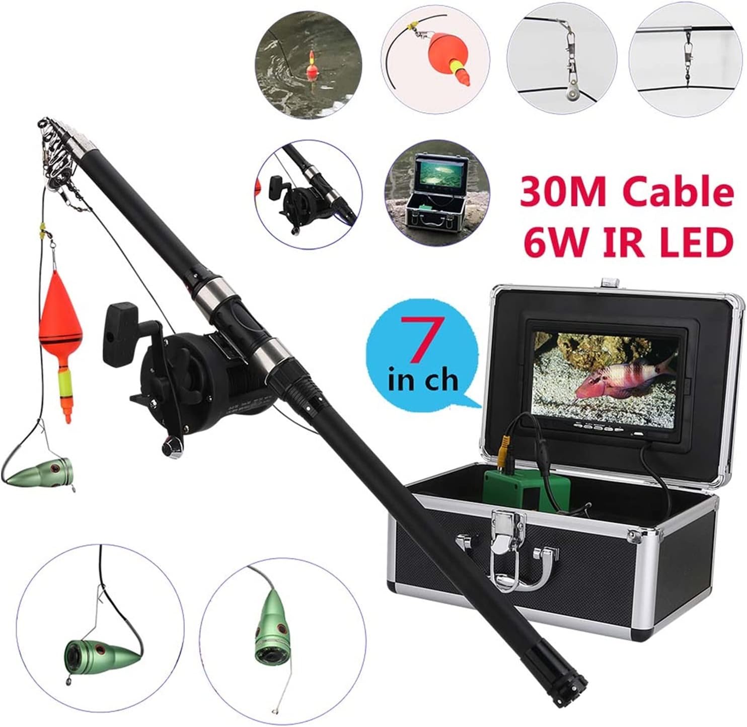 Fish Finder Aluminum Alloy Underwater Fishing Video Camera Kit 6W IR LED Lights with 7" Inch HD Color Monitor Sea Wheel 15m 25m 3m Cable Transducer Fishing LCD Display (Black F007MSW)