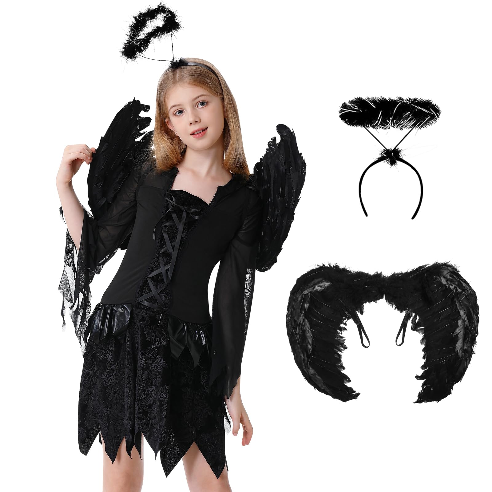 Deguisement Halloween Enfant Déguisement Ange Noir Joellfuner - Ailes Et  Auréole Pour Fille Halloween Cosplay Ange Maléfique, image size:1600x1600