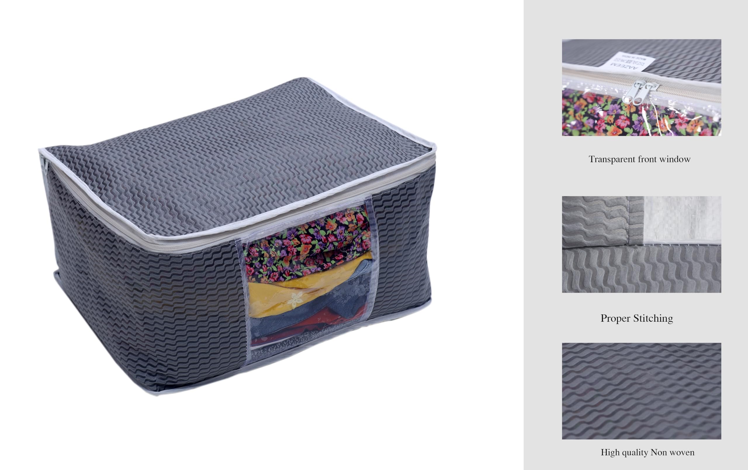 AAZEEM Juego de 6 cajas de almacenamiento plegables no tejidas impresas para sari, camisas y mantas/almacenamiento de tela/organizador con ventana transparente (gris)