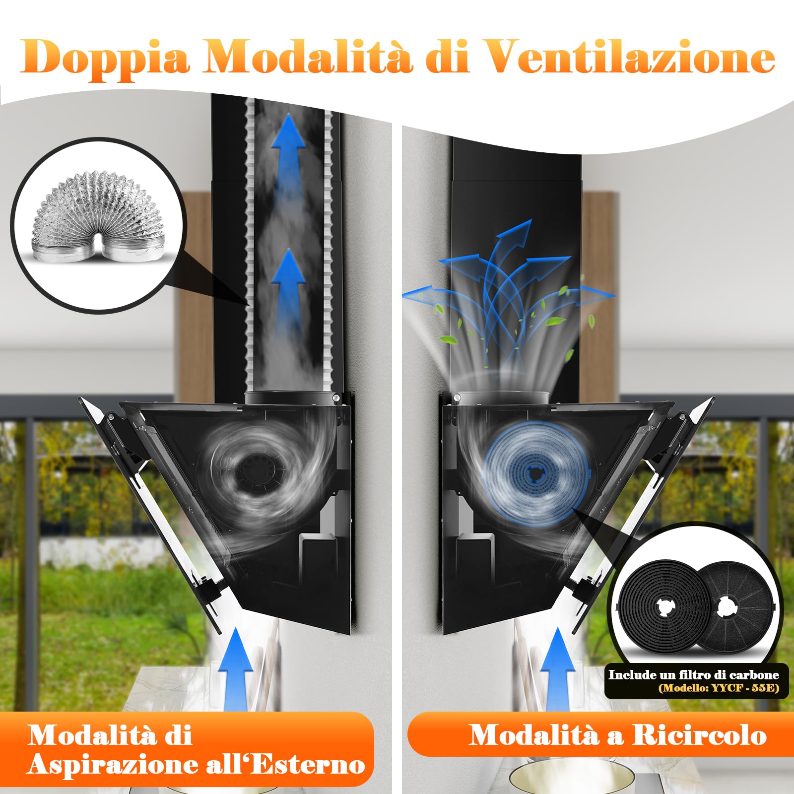 Cappa Aspirante Inclinata 90cm 450 m³/h 3 Livelli Boost Filtri Carbone Touch LED Vetro Nero