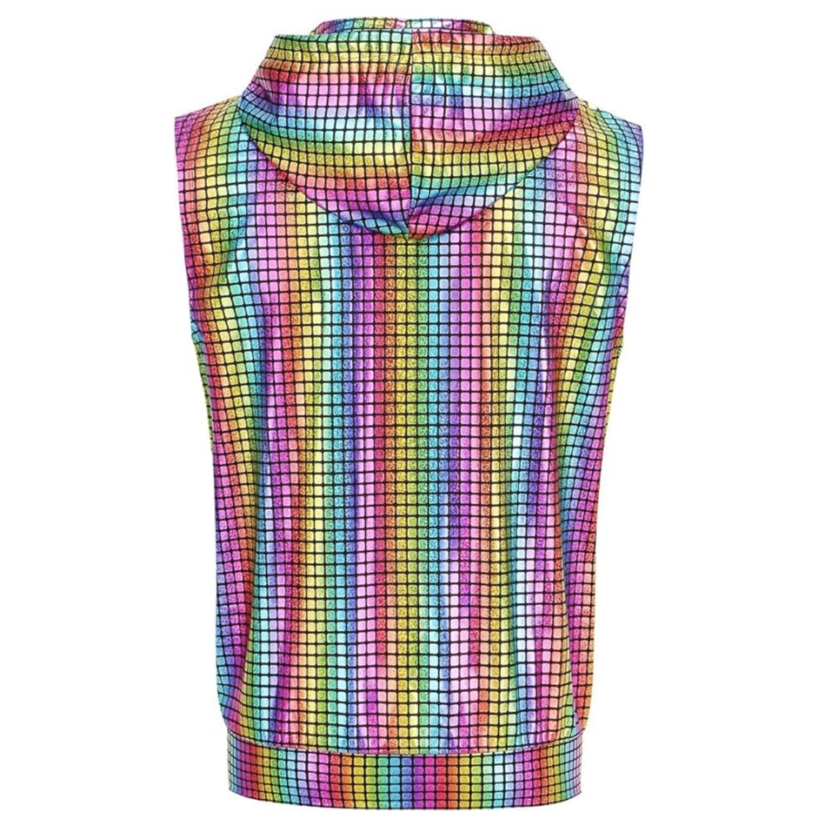 Gilet capuche brillant pour homme, T-shirt sans manches fermeture éclair avec paillettes métalliques et poche kangourou, Chemise de fête paillettes brillantes, disco des années 70-80 pour nightclub