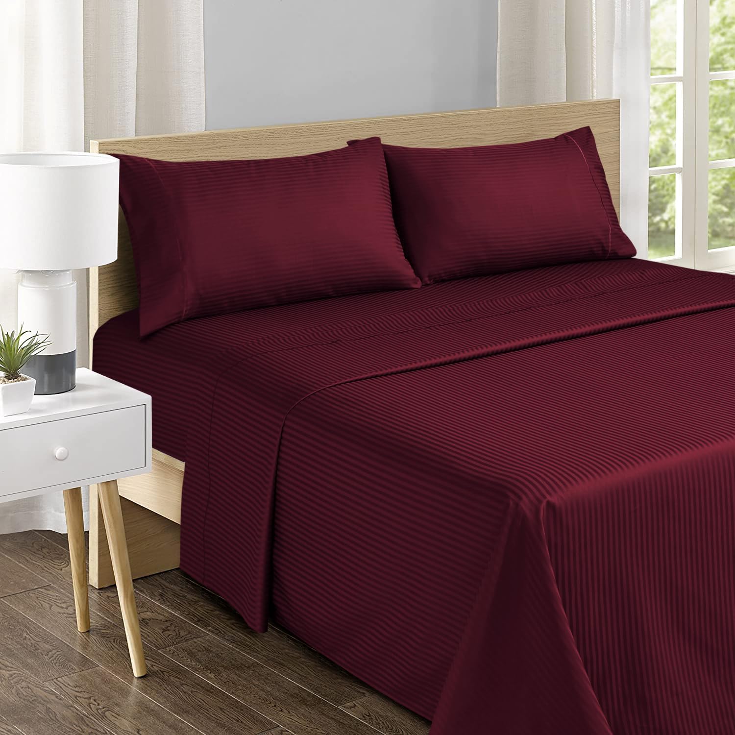 Feather & Stitch 500 TC Full Size Damask Bed Sheet Set, 100% Cotton Soft Breathable Bedsheets, 4 Piece 18" Deep Pockets Sateen Weave Striped Bedding Mattress Resort Hotel Luxury- (Burgundy Stripe)