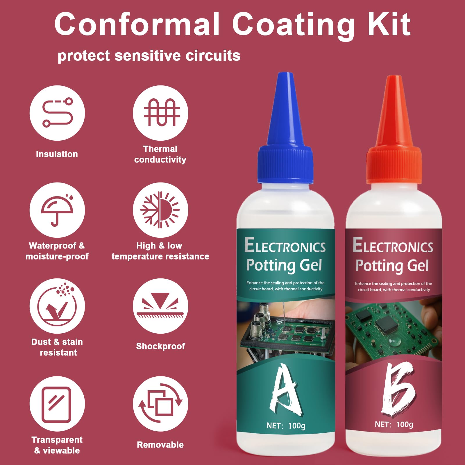 1DFAUL Set di resina per colata elettrica, 2 x 100 ml di pasta elettrocolata conduttiva termica, isolante per elettronica, protegge trasformatori e circuiti stampati da umidità, polvere e vibrazioni