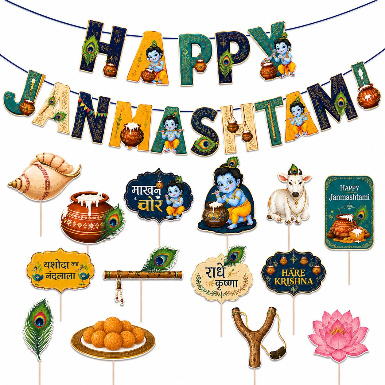 Festiko® Happy Janmashtami DIY Banner Decoration Kit with 14 Krishna Theme Photo Booth Props, Ribbon, Wooden Sticks & Glue Dots | Paper Decorations for Home, Temple, School & Office-picture-36