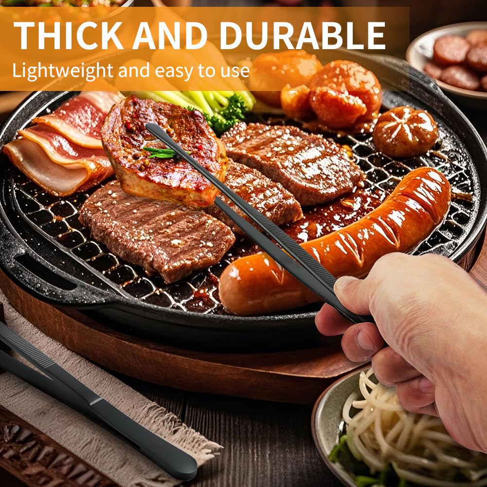 Kitchen Tweezers Tongs 2pcs, 30cm Extra-Long Non-Slip Cooking Tweezers, Stainless Steel Metal Food Tongs, for BBQ, Frying, Salad, Hot Pot, Air Fryer, Black - Straight Head + Round Head - 5
