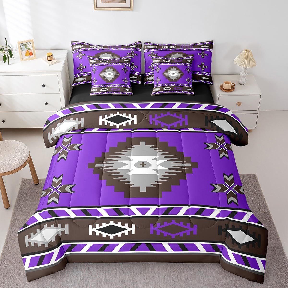 Erosebridal Southwestern 7 Piece Comforter Set Full Bed in a Bag,Rustic Tribal Aztec Bedding Sets for Kids Boys Girls Exotic Boho Geometric Vintage Ethnic Mexican Style Sheet Set with Comforter