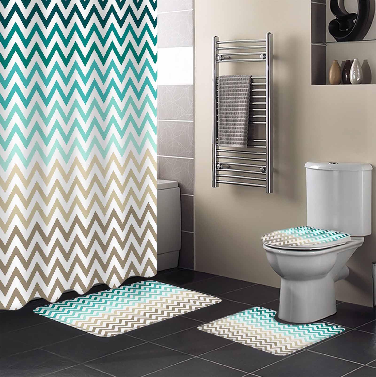 Turquoise Brown Bathroom Set with Shower Curtain and Rug Accessories - 36x72 Inches Long Gradient Geometric Stripes Chevron Wave Stall Curtain Waterproof with Large Bath Mat,Washable Runner Rug Set