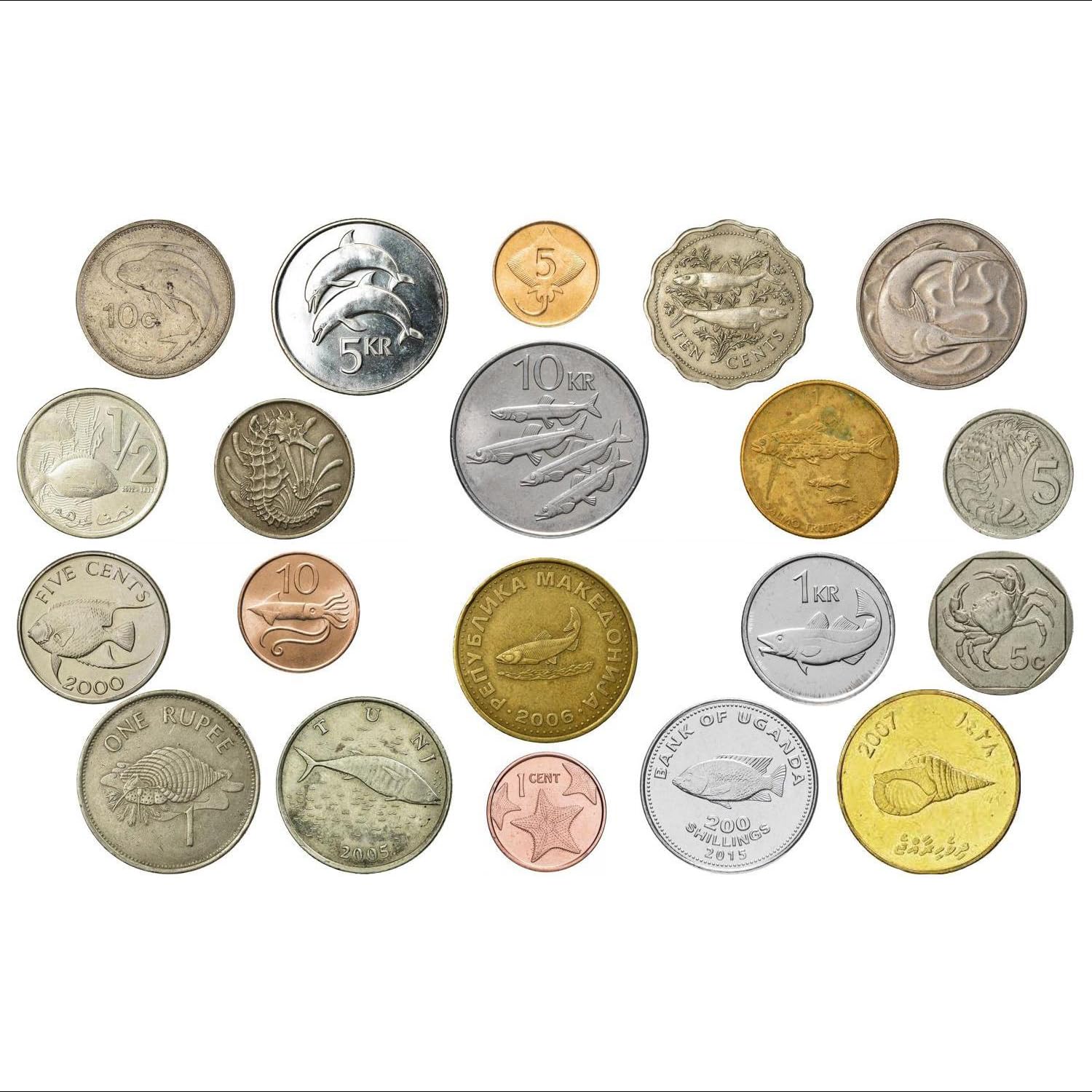 20 Different Coins Featuring Aquatic Creatures - Fish, Dolphins, Squids, Crabs, Shrimps, Starfish And More - Genuine World Coin Collection