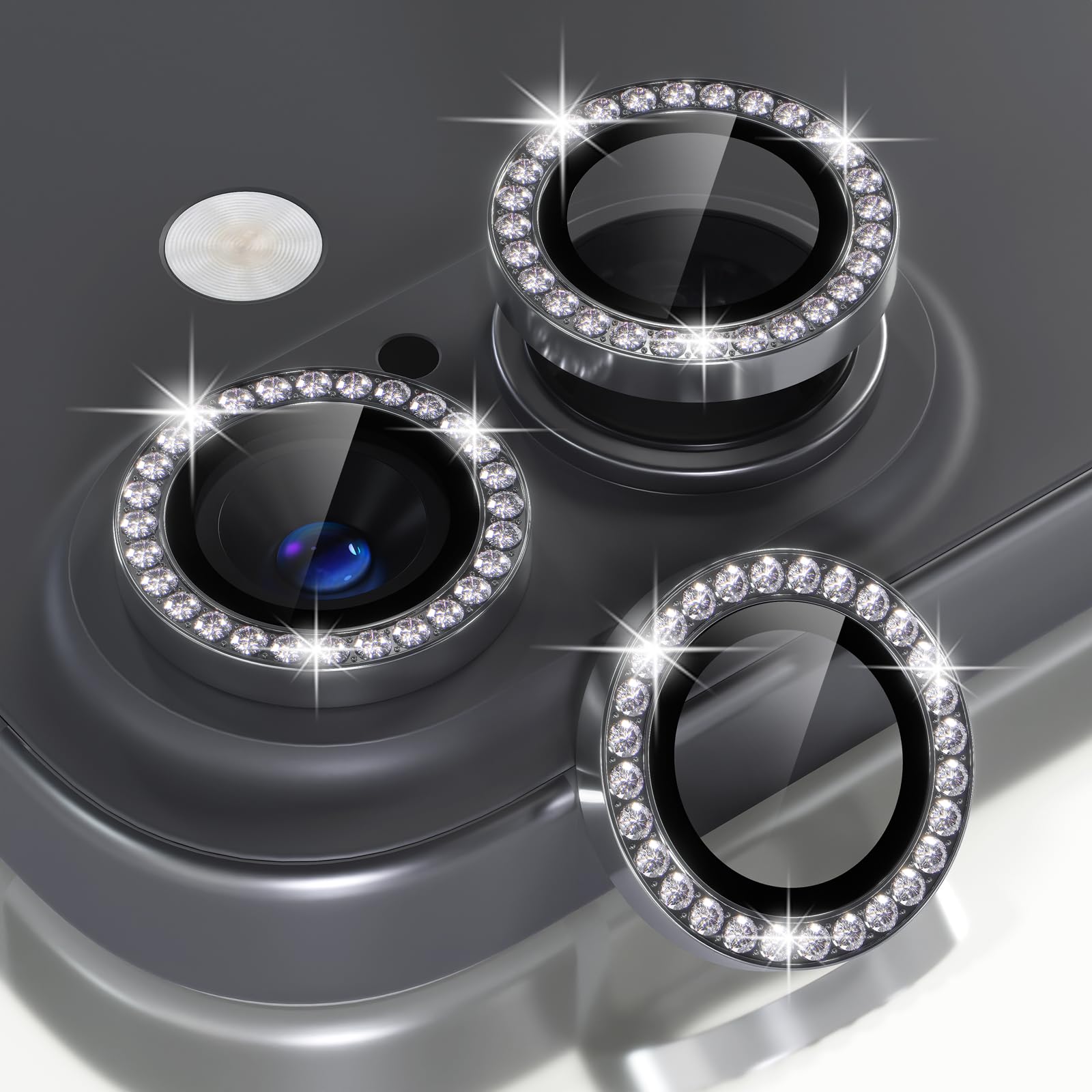 Choiche Compatible for iPhone 16 /iPhone 16 Plus Camera Lens Protector Bling, 9H Tempered Glass Camera Cover Screen Protector Metal Ring Decoration Accessories(Diamond-Black)