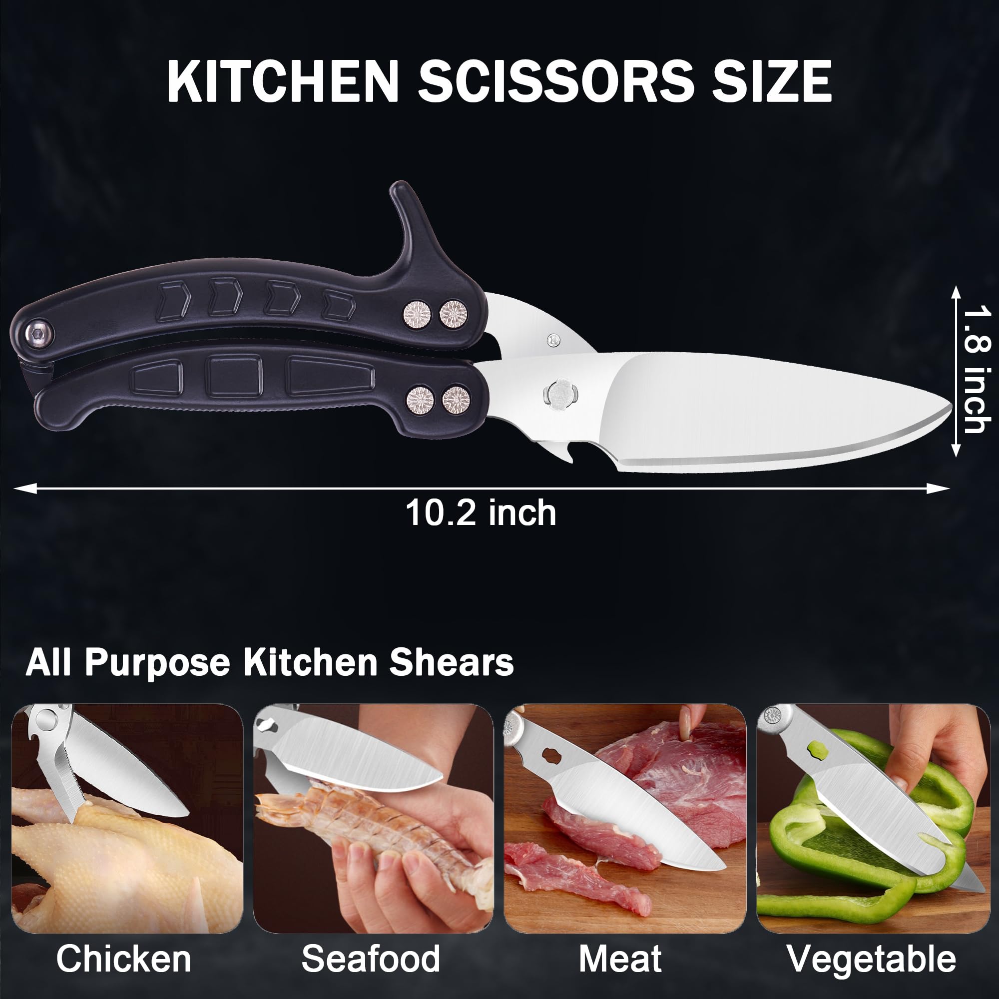 Tijeras de cocina, tijeras de cocina resistentes con borde dentado, desmontables como cuchilla, multiusos de acero inoxidable, afiladas para alimentos, para pollo, aves, peces, hierbas, color negro