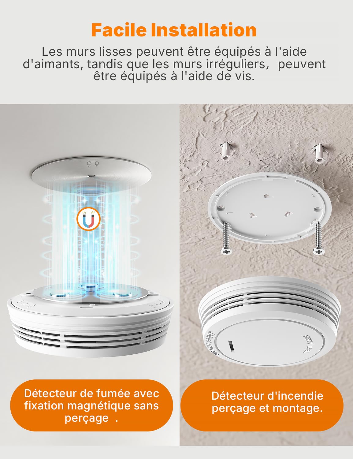 RUNIDUR Détecteur de Fumée Batterie de 10 Ans,Fixation Magnétique, 3 Pièce | Alarme Incendie Sans Led Clignotante et Sans Perçage,Petite et Plate,Certification Conforme à EN 14604