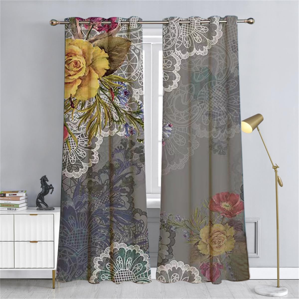 Koudi Boho Floral Flower Blackout Curtains Grey Peony Vintage Window Curtain Drapes for Women Girls Bedroom Living Room Dining Room Darkening Curtains 2 Panels, 52x84 Inch