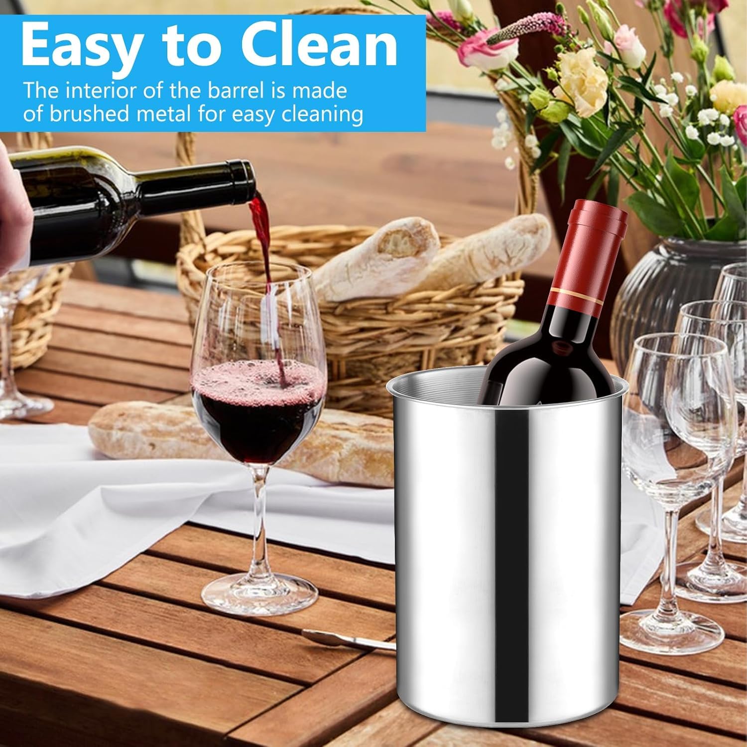 Juego de 6 cubiteras apilables de acero inoxidable grueso de 750 ml para vino, cerveza y champán, cubos de hielo de metal para fiestas, barbacoas y bares (18 cm de alto x 14,5 cm de ancho)