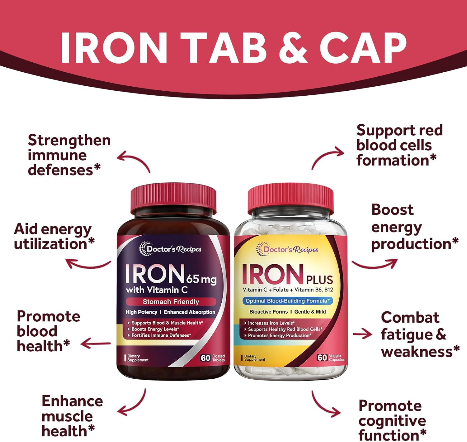 Doctor's Recipes Iron 65 mg & Iron Plus Bundle, Healthy Iron Levels & Blood Support, Iron Tablets 60 ct & Iron Capsules 60 ct