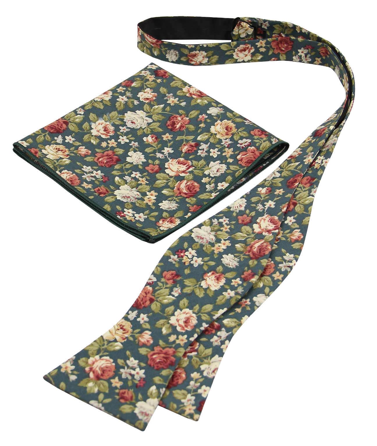 Entwineno Mens Floral Self Tie Bow Ties and Pocket Square Set (Emerald Green)