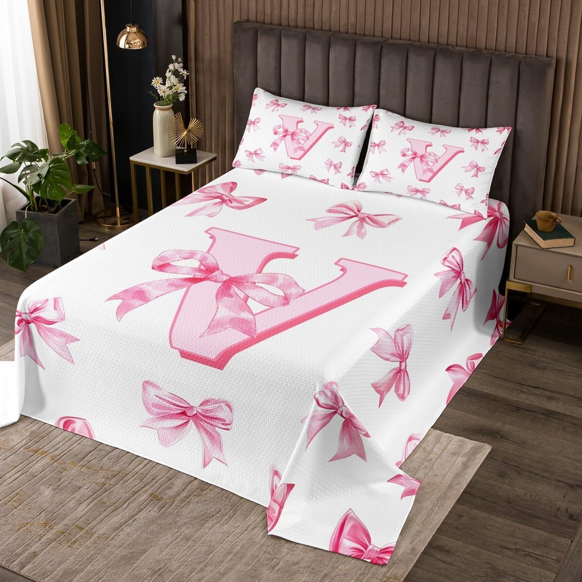 Erosebridal Initial Letter C Coverlet Sets Pink Monogrammed Bowknot Quilt Set Queen,Dreamy Princess Bow Bedspread Sets for Kids Girls Teen Women,Kawaii Girly Bowknot Bed Set,2 Pillow Cases
