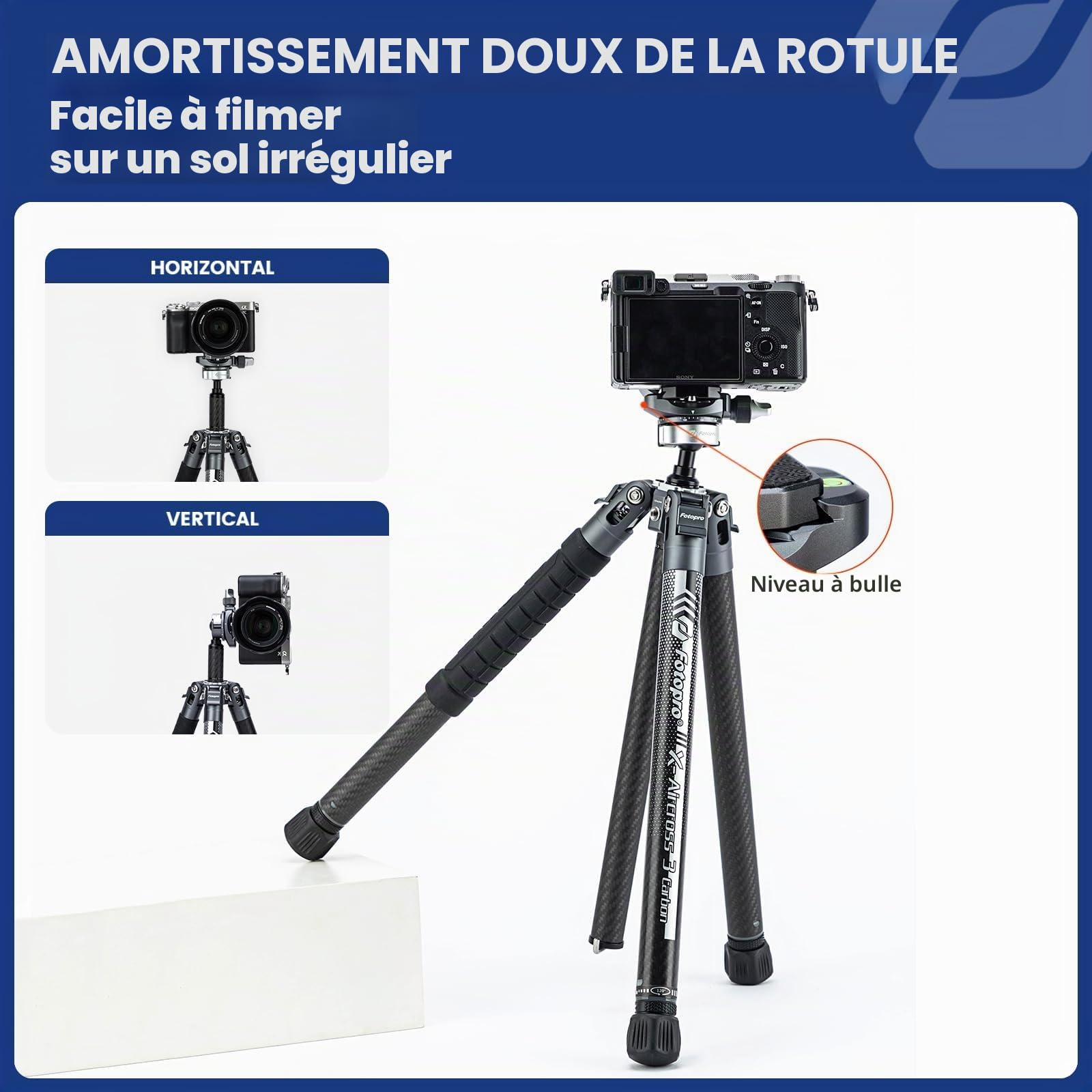 Fotopro X-Aircross 3 Lite Trépied Voyage Fibre de Carbone 151.2cm Ultraléger 0.81kg Charge 10kg Plié 40.0cm Rotule 360° 5 Sections Monopode