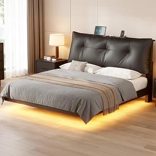 Floating Bed Frame Queen Size with Charging Station and Headboard, Black Queen Size Bed Frame with Led Lights, No Box Spring Needed, Black