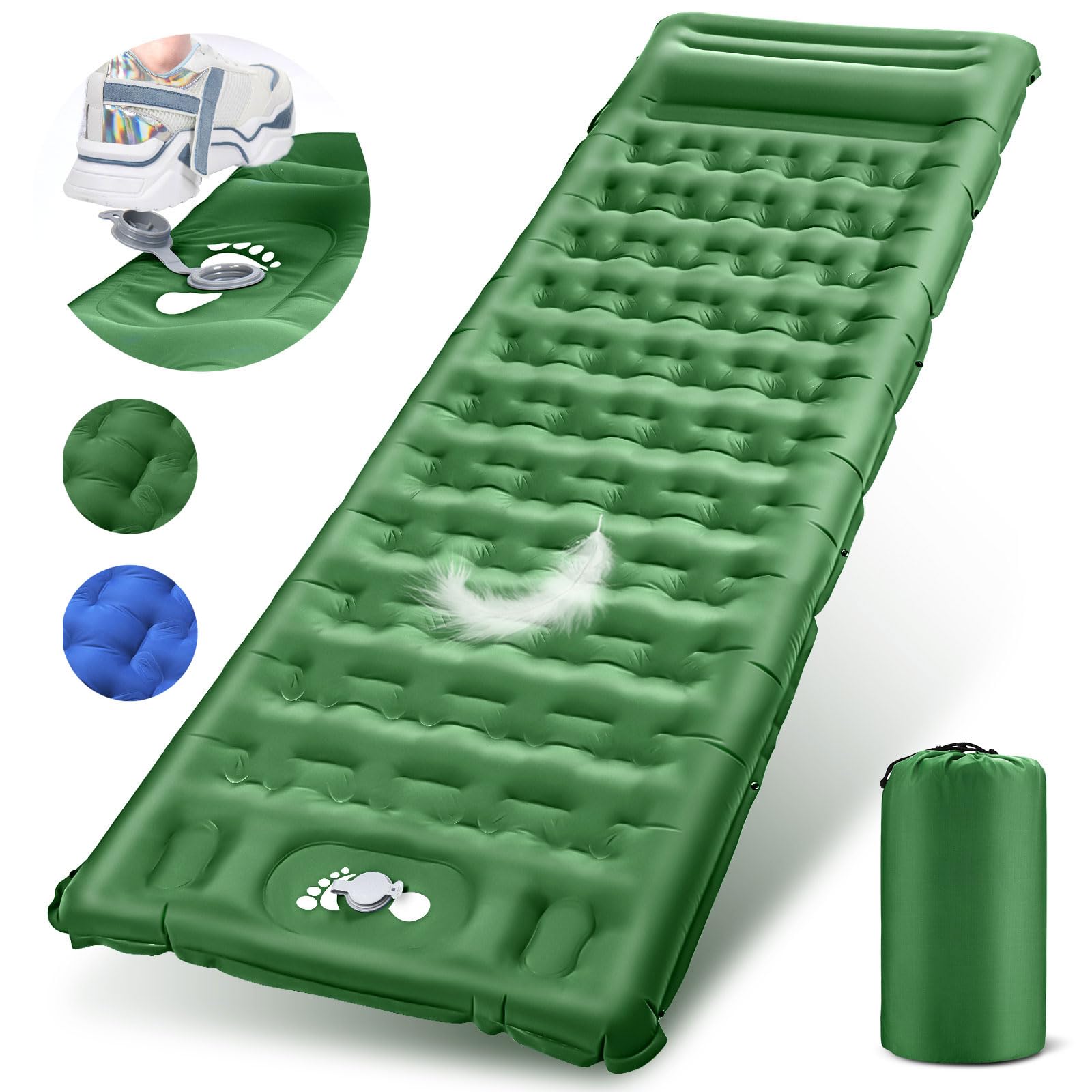 Colchón Hinchable para Camping, Colchon Ultraligera, Esterilla Camping con Bomba de Pie, Colchoneta Inflable para Viajes, Exteriores, Senderismo, Mochilero-Verde