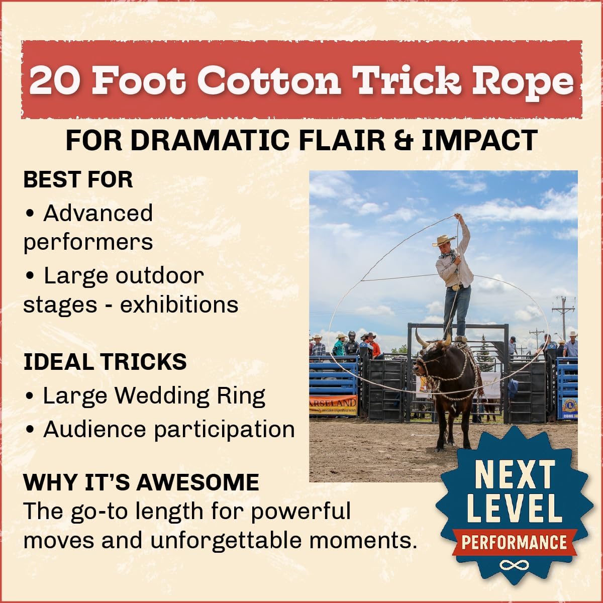 Cotton Trick Rope Lasso | Lariat Looper for Kids and Adults | Leather Burner Cowboy and Cowgirl for Wedding Ring & Butterflies, 20 Foot