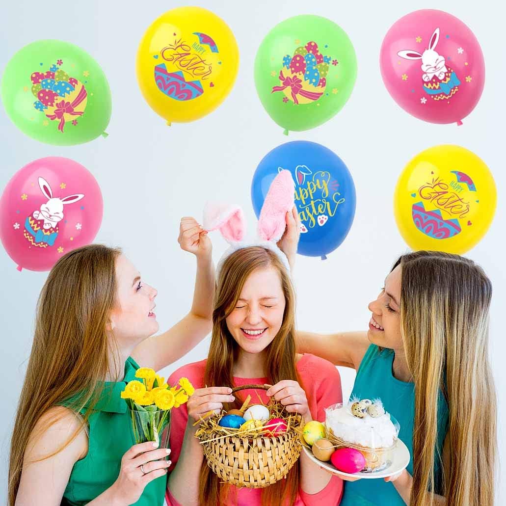 Happy Easter Balloons Bunny Eggs Balloons Green Pink Blue Yellow Party Balloon For Easter Themed Party Bunny Decorations Decor Supplies Arch Decorations Party Balloon Sets-12 Pcs