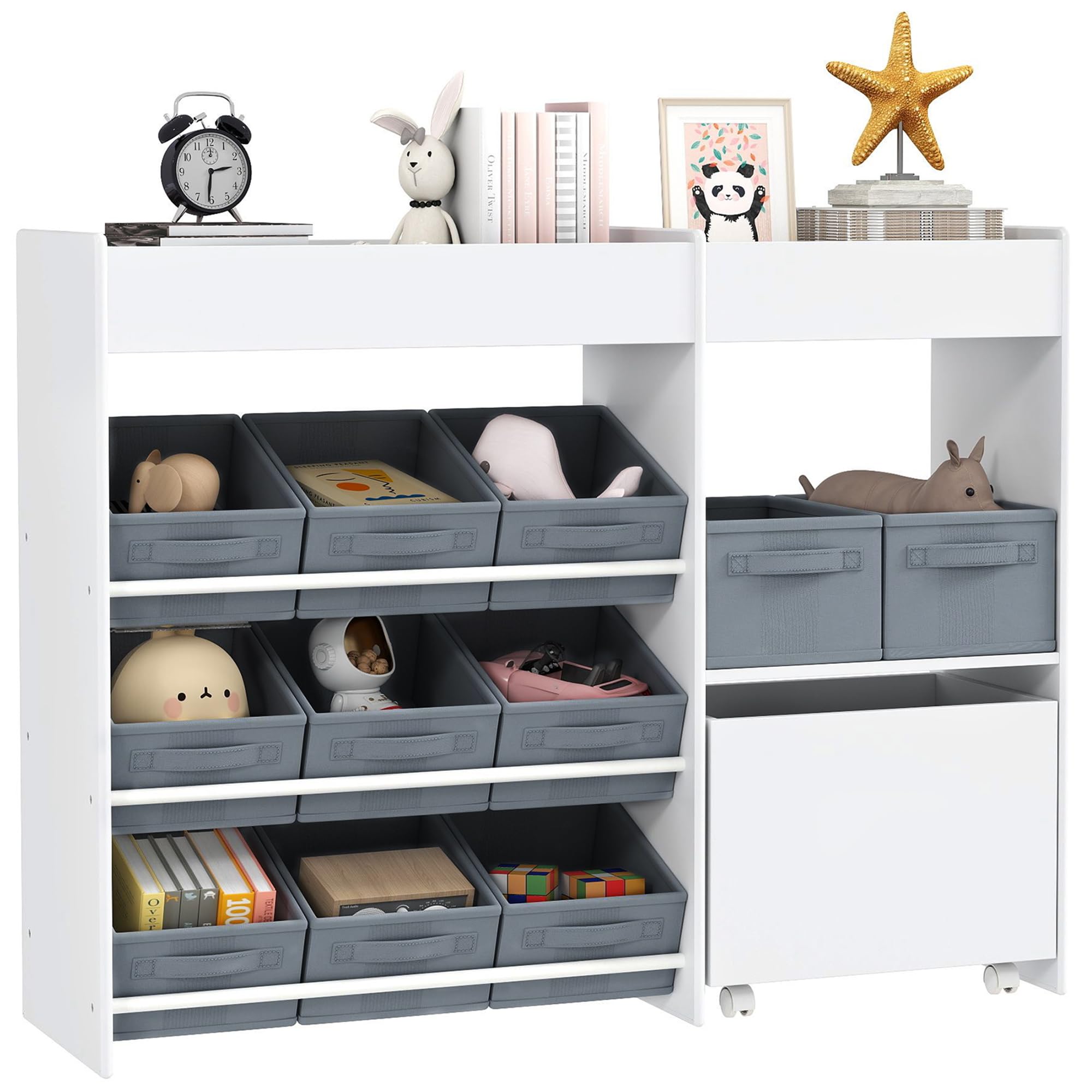 AIYAPLAY Étagère de Rangement Enfant pour Jouets et Livres, avec 11 bacs de rangements en Tissu Non tissé et Un Cabinet sur roulettes, pour Chambre, Salon, Salle de Jeu, 105x30x80cm, Blanc