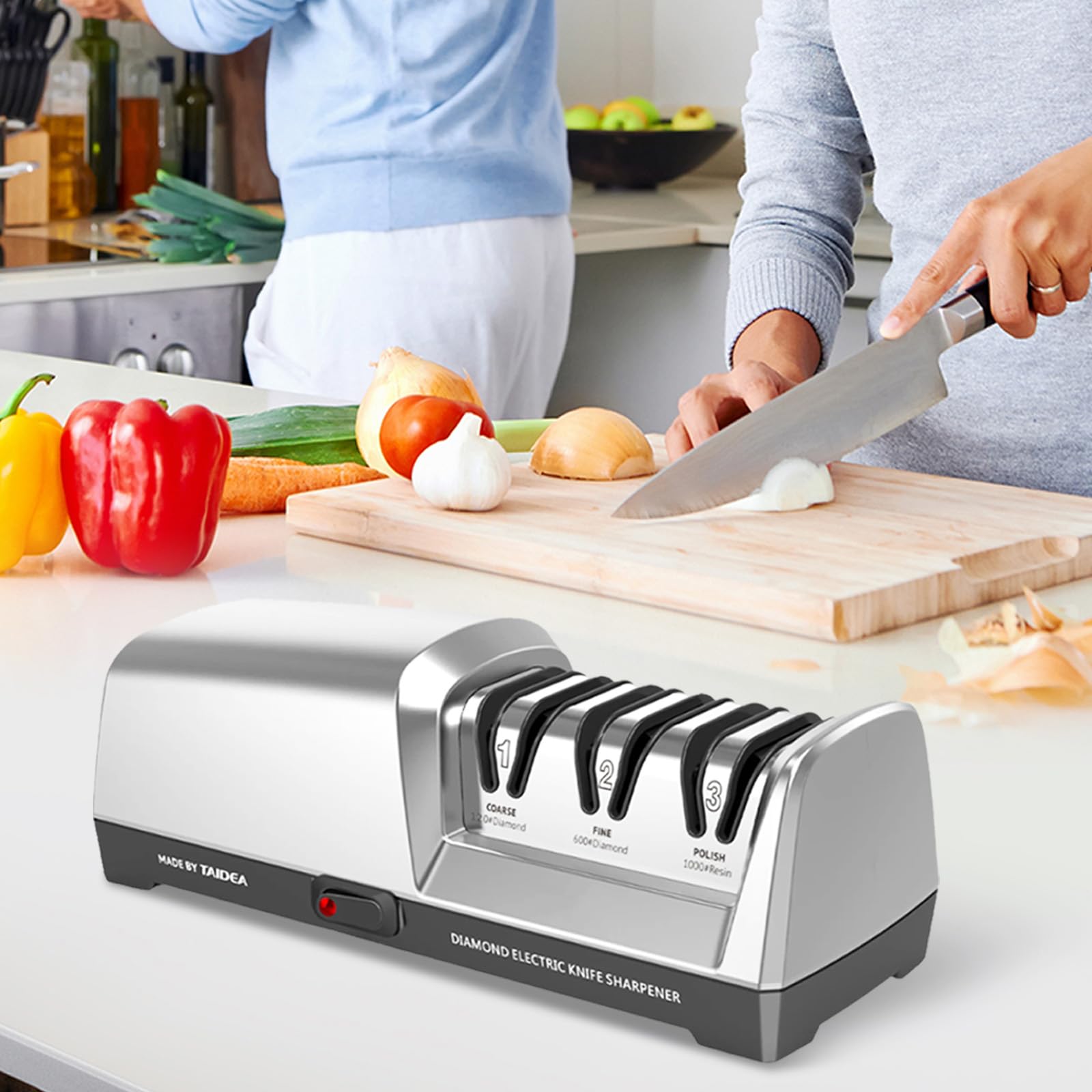 Aiguiseur de Couteaux Électrique, Affûtage des Couteaux de Cuisine à 3 Niveaux Affûteur de Couteaux Diamant Professionnel Pour Le Meulage Grossier