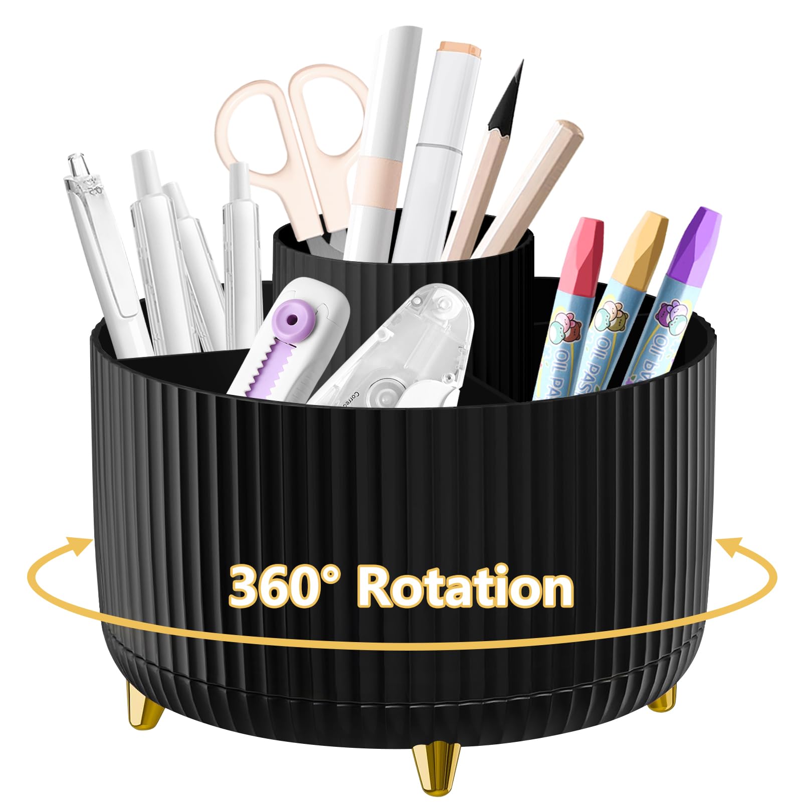 Desk Organiser, 360°Rotating Pen Holder Pen Pot, Makeup Brush Holder with 5 Compartments, Desktop Storage Stationery Supplies Organizer, Pencil Holders for Desk Tidy Home Office School (Black)