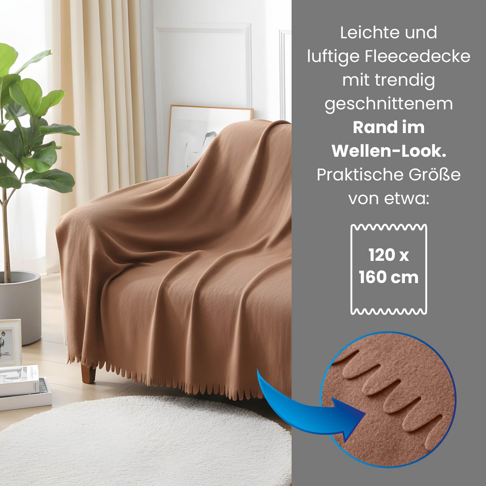 wometo 16er Set Wave Fleecedecken 120x160 cm – Oeko-TEX ca. 300g weiche Fleece Decke mit Wellenrand Anti-Pilling braun