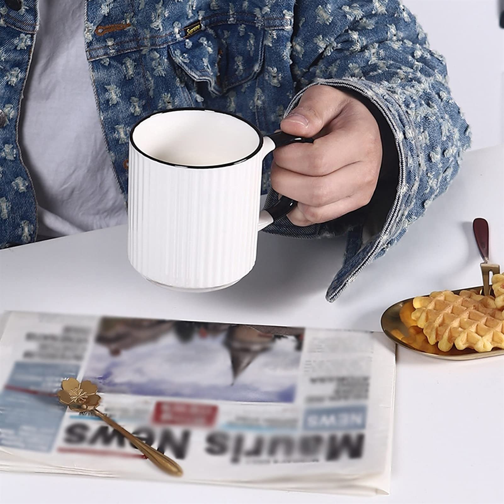 Kubek do kawy, filiżanka do herbaty kreatywny ceramiczny kubek śniadaniowy 13,5 uncji kubek na wodę z łyżeczką może być używany do przechowywania płatków owsianych i mleka
