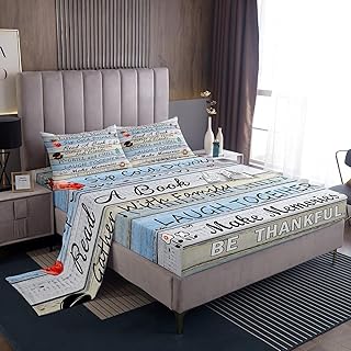 Rustic Farmhouse Sheet Sets Full Size,Blue Grey Barn Wood Stripes Bedding Set 4pcs,Kids Girls Boys Teens Room Decor Happy Camping Bed Sheet Inspirational Quotes Fitted + Flat Sheet,2 Pillowcases