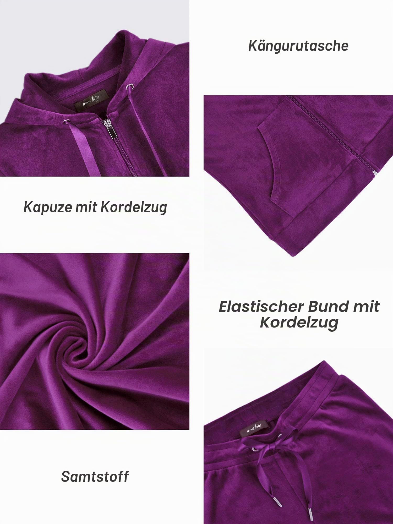 Woolicity Damen Hausanzug Velours Nicki Freizeitanzug Trainingsanzug Set Sportanzug Jogginganzug Schlafanzug mit Reißverschluss Oberteil und Hose Set