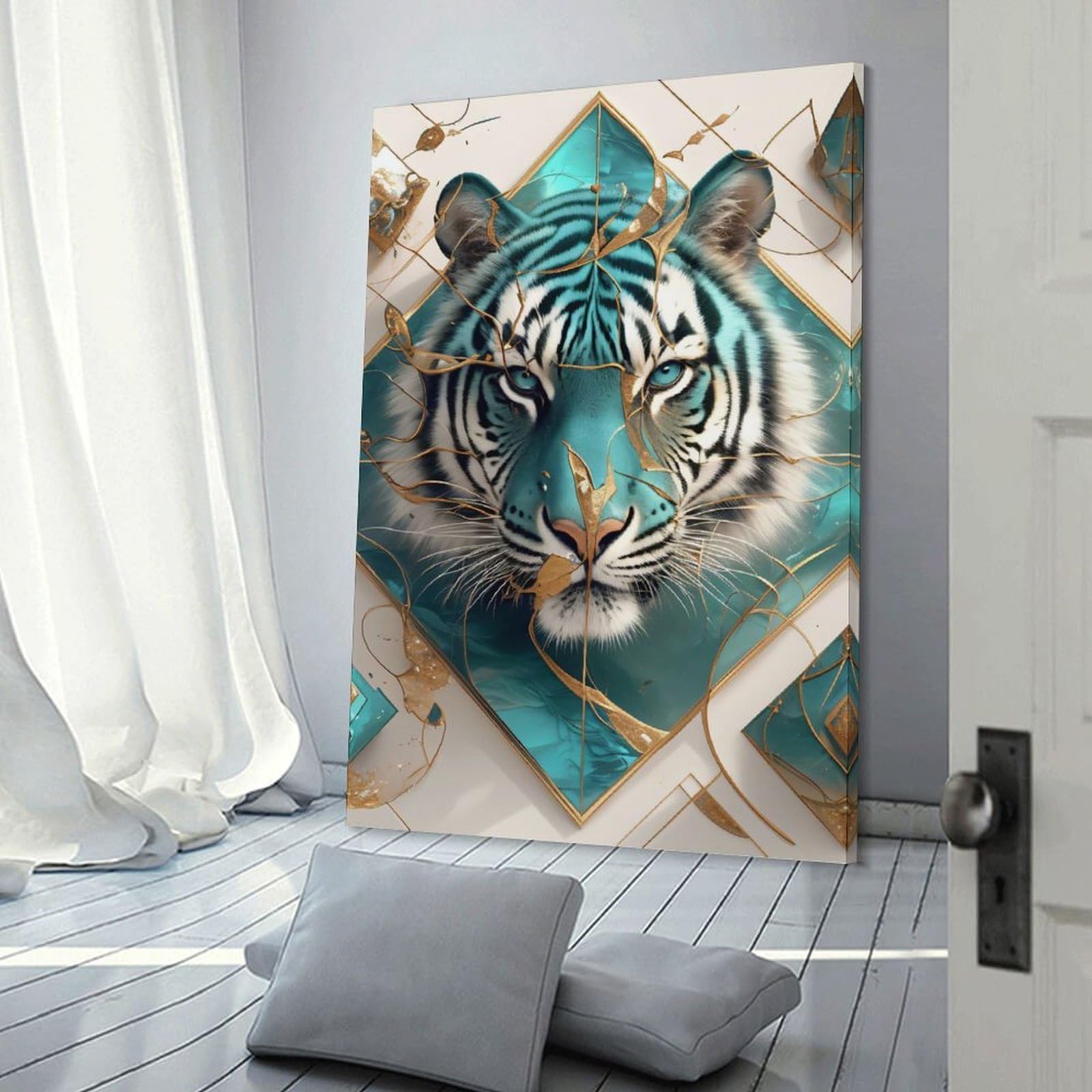 Junmoney Wall Art Print Teal Tiger with Golden Accents, 12x18inch(30x45cm), for Bedrooms, Workspaces And Everyday Interiors, Stylish Home Artwork for Focal Walls