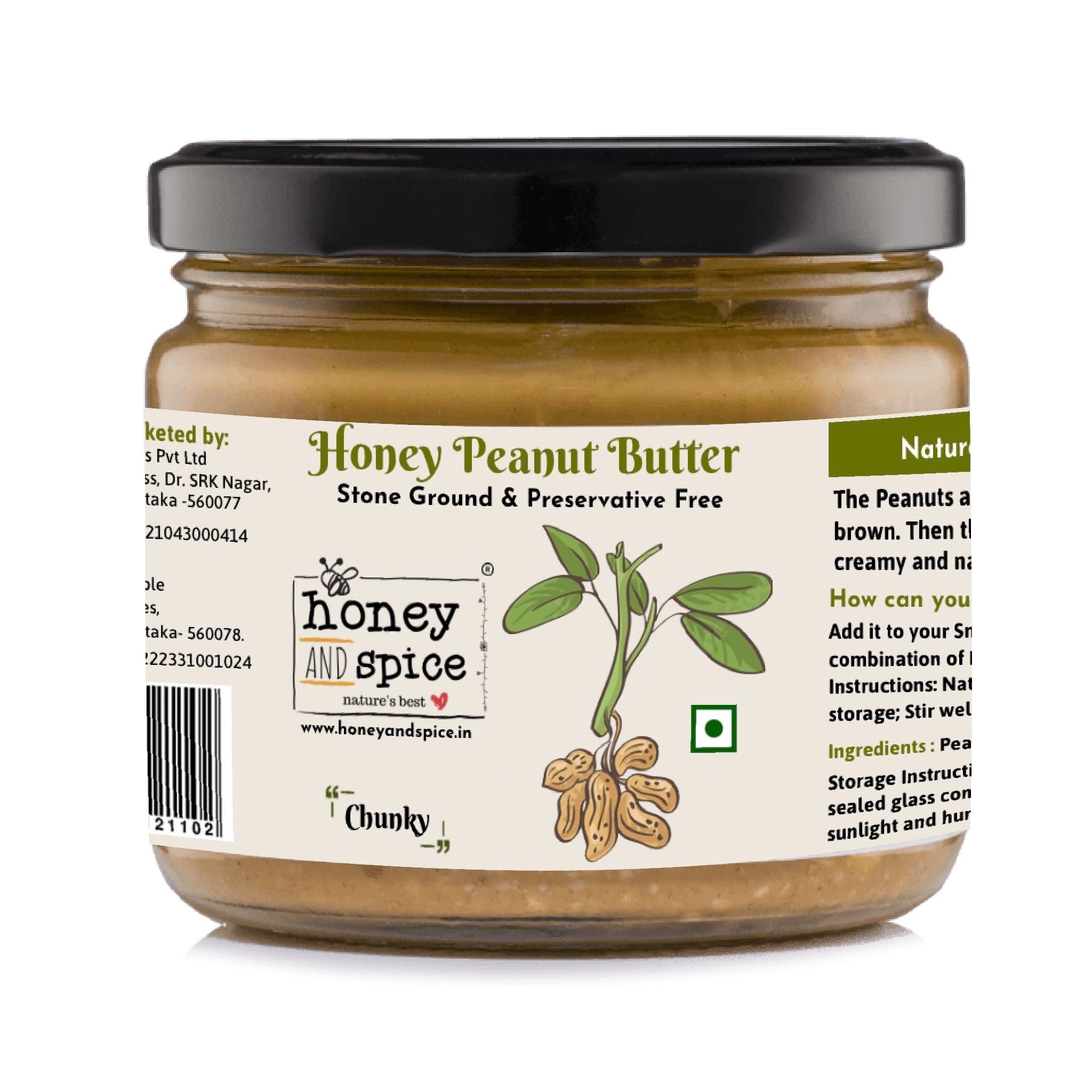 Honey and Spice Chunky Peanut Butter | 26g protein | Pure, Raw & Natural | High protein peanut butter | Tasty & Healthy Nut Butter Spread | Hand roasted peanuts, Raw honey & Rock salt | Stone Ground & Preservative Free | Vegan & Gluten free | (Crunchy, 350g)