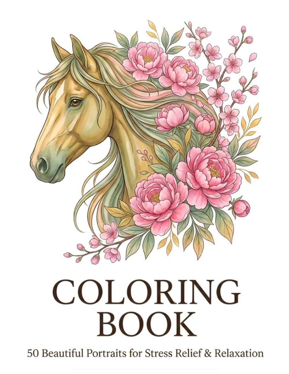 Floral Horse Coloring Book: 50 Beautiful Portraits with Peonies, Roses and Cherry Blossoms for Stress Relief and Relaxation (The Year of the Fire Horse 2026 Collection)