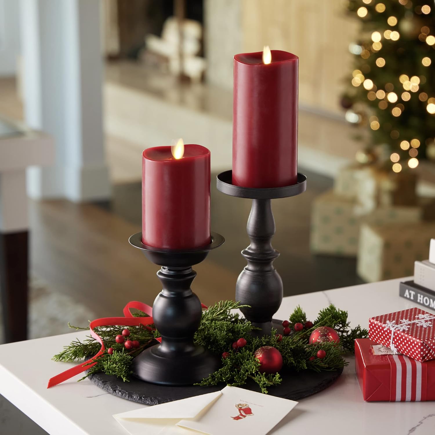 Luminara Flameless Flickering Melted Edge 3" x 4.5" Candle, Battery Operated & Timer Function, Remote Ready (Sold Separately), Unscented Paraffin Burgundy Wax LED Light Pillar, Christmas Holiday Décor