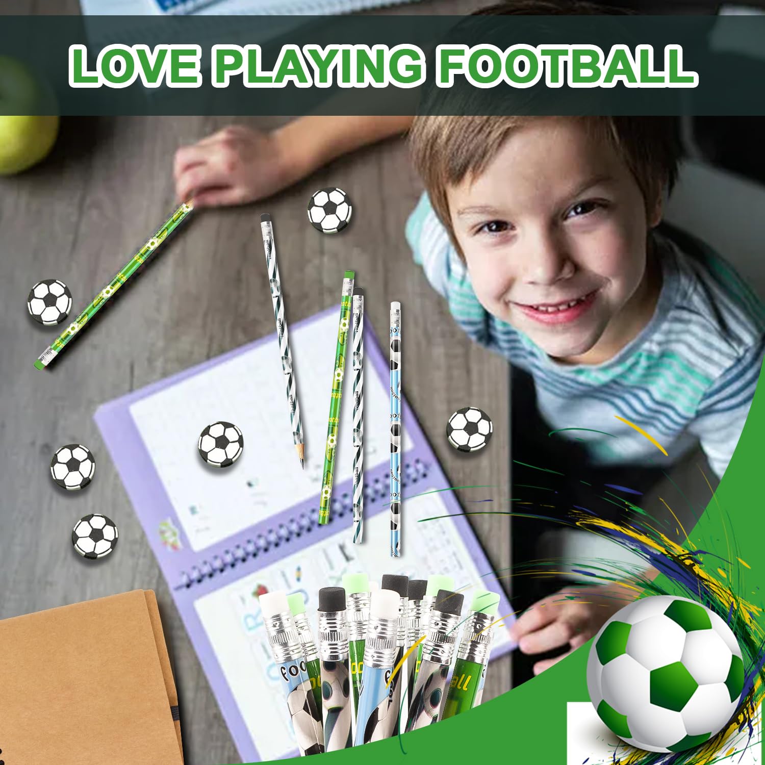 48 Pezzi Festa Tema Calcio 24 Matite da Calcio e 24 Gomme Calcio, Perfetti Come Regali per i Bambini per Compleanni a Tema Calcio o per Feste, Set di Cancelleria a Tema Calcio - 5