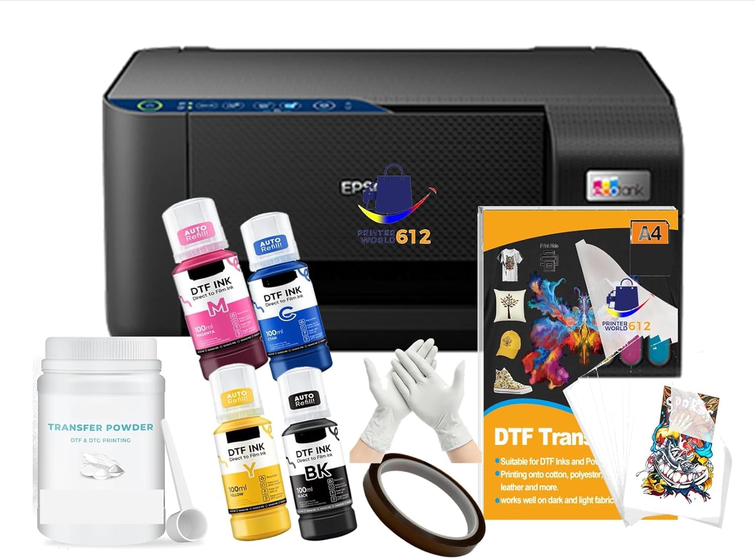 Super-Tank DTF T-Shirt Printer with DTF Ink and Powder Pack for Heat Transfers, Easy Filling, Built-in Scanner and Copier - New, Medium DTF Conversion Printer