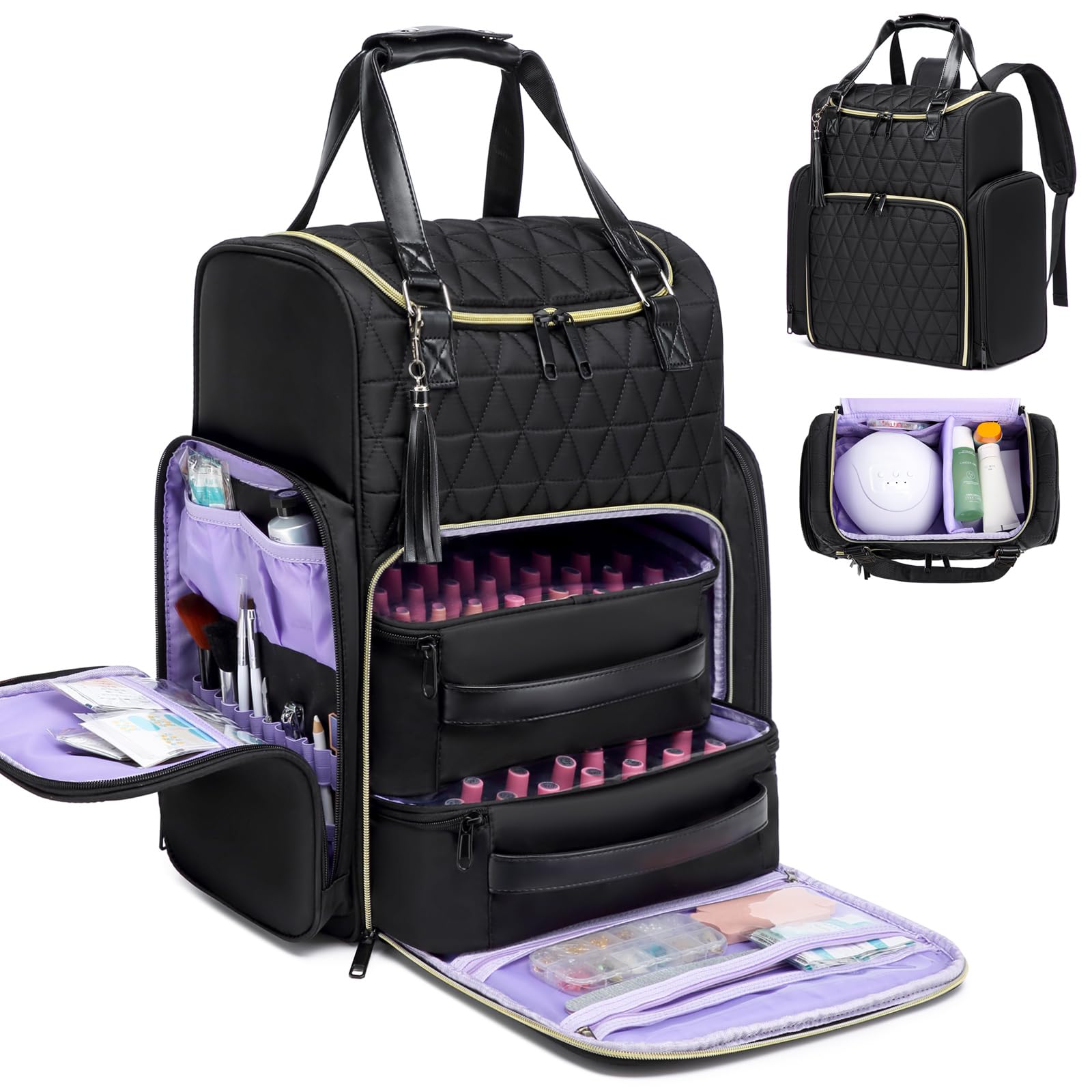 Nail Bag Organizer Case Backpack, Nail Bag Holds 80 Bottles (15ml-0.5 fl.oz) and Nail Lamp, Nail Polish Case with 2 nail polish Bag, Portable Travel