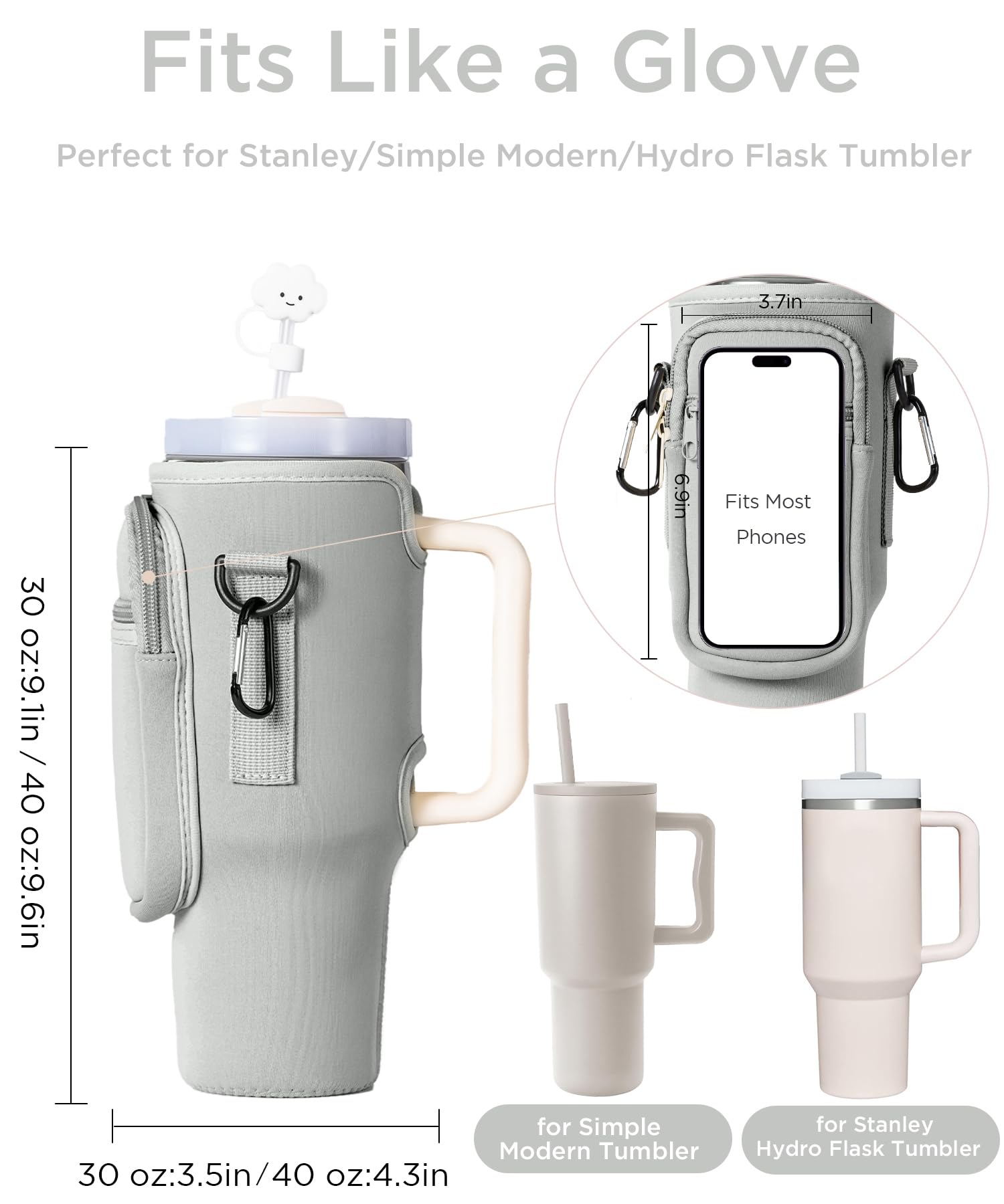 dabria Water Bottle Carrier Bag with Phone Pocket for Stanley 40/30 oz Tumbler Neoprene Water Bottle Holder Pouch with Adjustable Strap Bollus with Straw Cover & Carabiner for Stanley Cup Accessories - Image 2