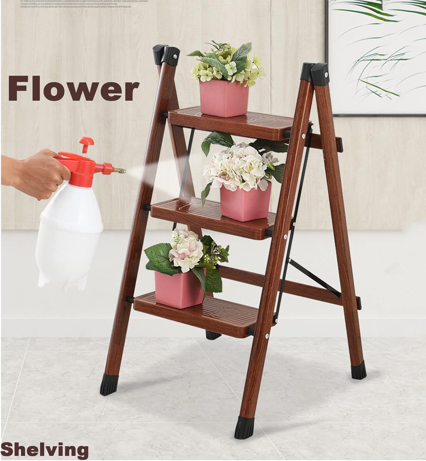 Wood Grain Color Folding Step Ladder Craft Lacquer Wide Bandwidth Non-Slip Tread Good Hardware Step Stool Horseshoe-Shaped Non-Slip Ladder Feet Portable Step Stool Shelf
