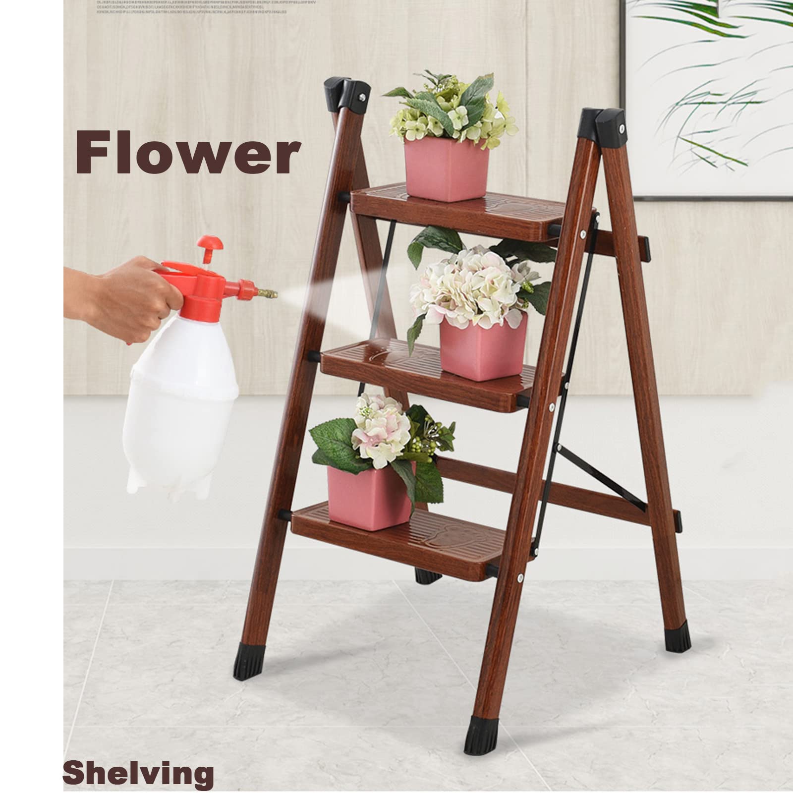 Wood Grain Color Folding Step Ladder Craft Lacquer Wide Bandwidth Non-Slip Tread Good Hardware Step Stool Horseshoe-Shaped Non-Slip Ladder Feet Portable Step Stool Shelf