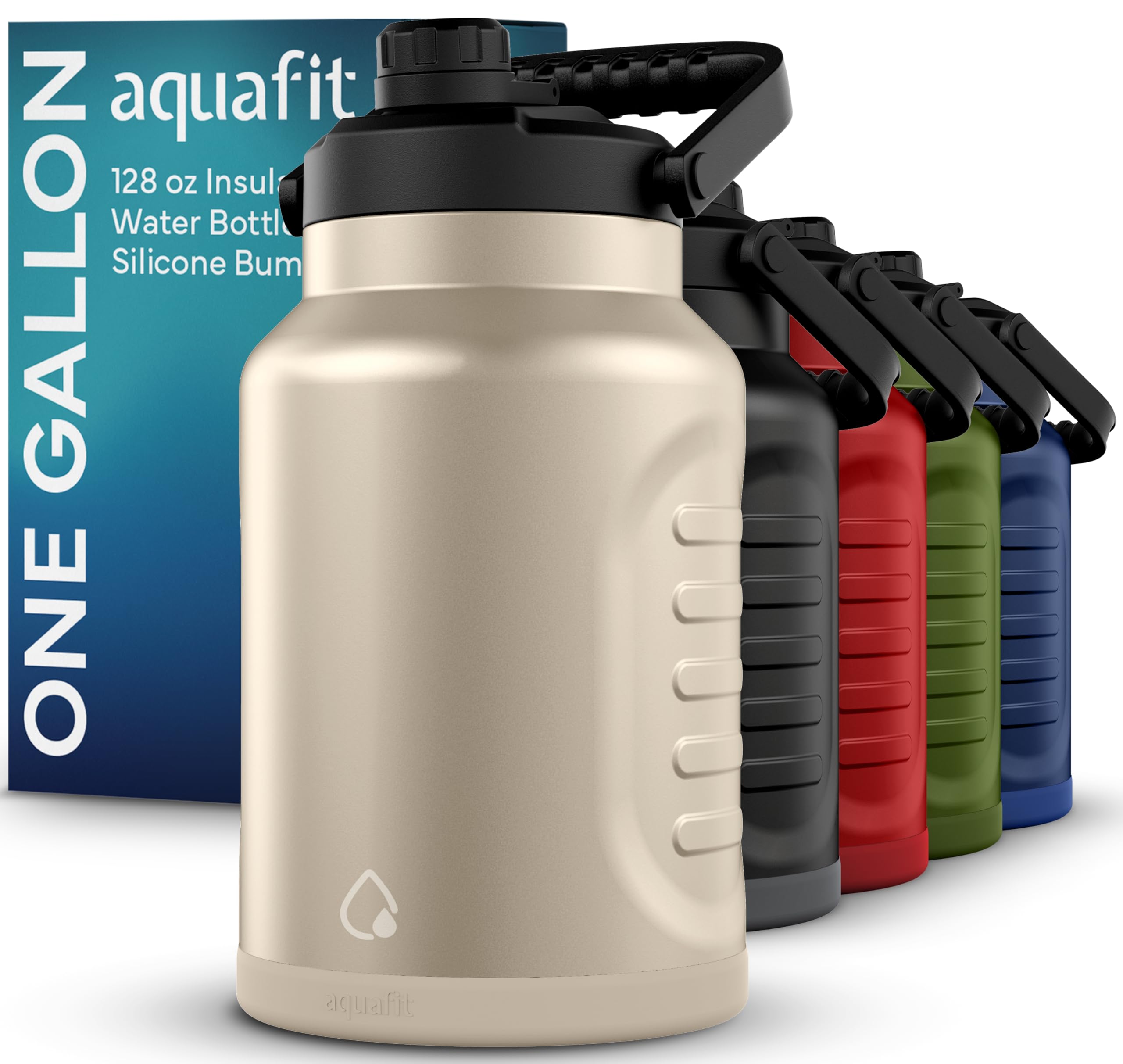 AQUAFIT 1 Gallon Insulated Water Bottle (Cold for 48 Hrs) - BPA Free & Leak Proof - 128oz Stainless Steel Jug - Big Water Bottle with Handle for Gym,