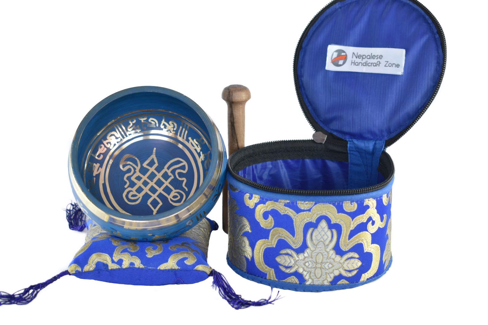 Color Singing Bowl Set with free stick and cushion by Nepalese Handicraft Zone (Blue)