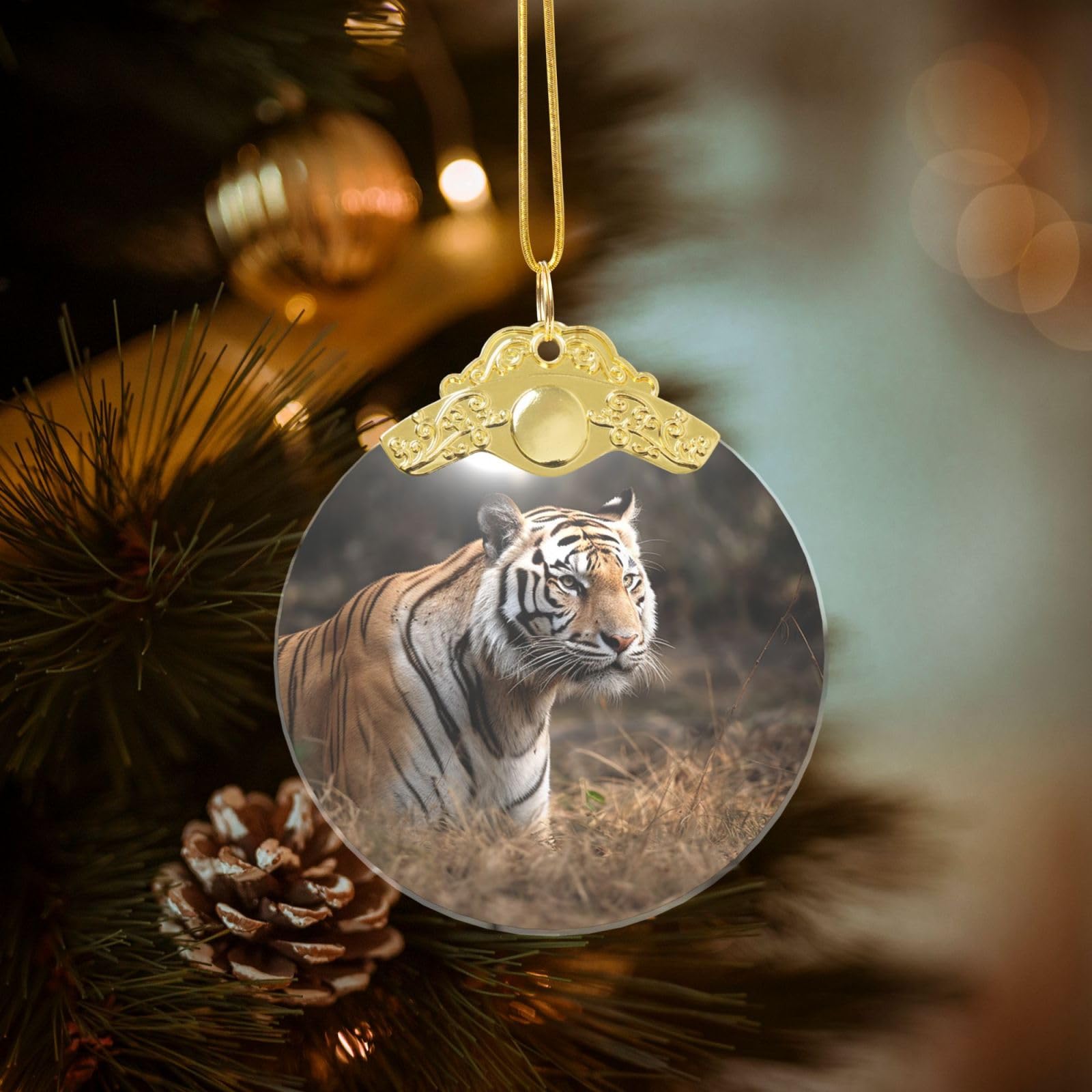 Crystal Christmas Ornaments for Christmas Tree Decoration Hanging Wildlife Tiger Ornament with Gold Ribbon Crafts Round Pendant for Keepsake Gifts Glass Xmas Decor Party Supplies
