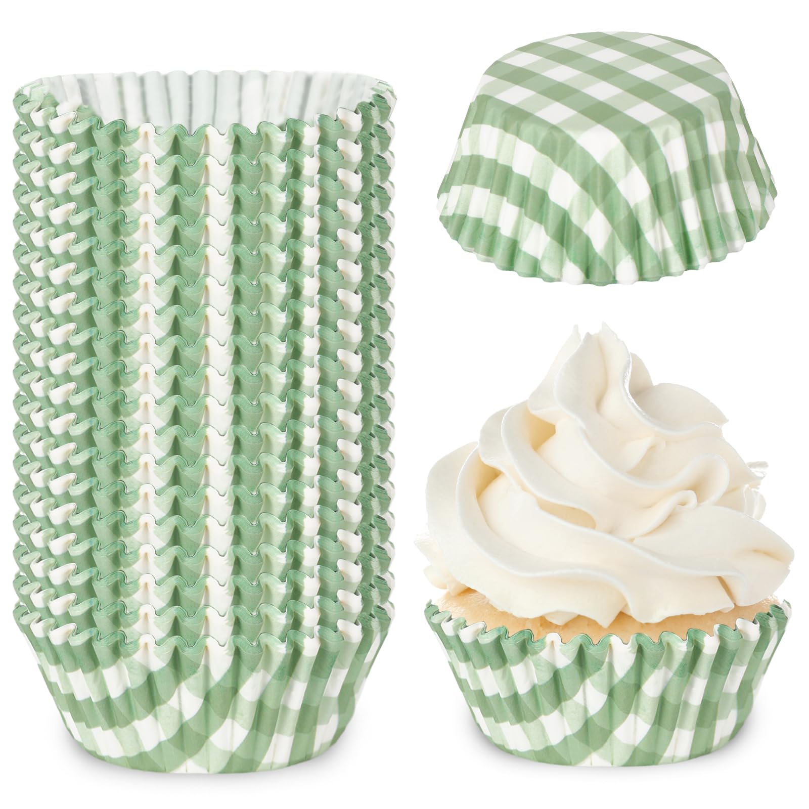Whaline 300Pcs Sage Green Plaid Paper Baking Cups Green Checkered Cupcake Liners Small Cake Baking Cups Muffin Cupcake Wrappers for One Lucky Duck Birthday Baby Shower Wedding Party, 2x1.2 Inch