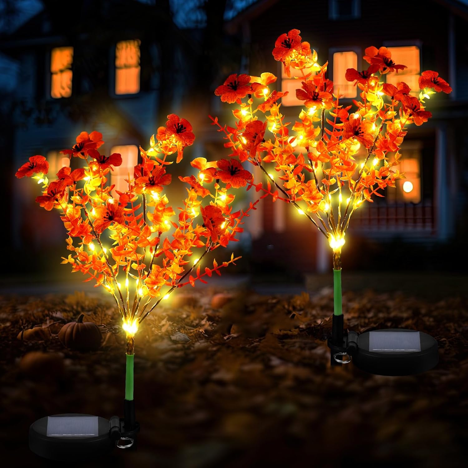 2 Pack Fall Solar Stake Lights Thanksgiving Outdoor Decorations Waterproof Orange Mums Artificial Flowers Solar Lights for Outdoor Garden Yard Pathway Thanksgiving Fall Decor (Violet)